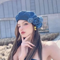camellia bloom denim beret hat for women with fluffy contrast design