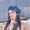 Camellia Bloom Denim Beret Hat for Women with Fluffy Contrast Design