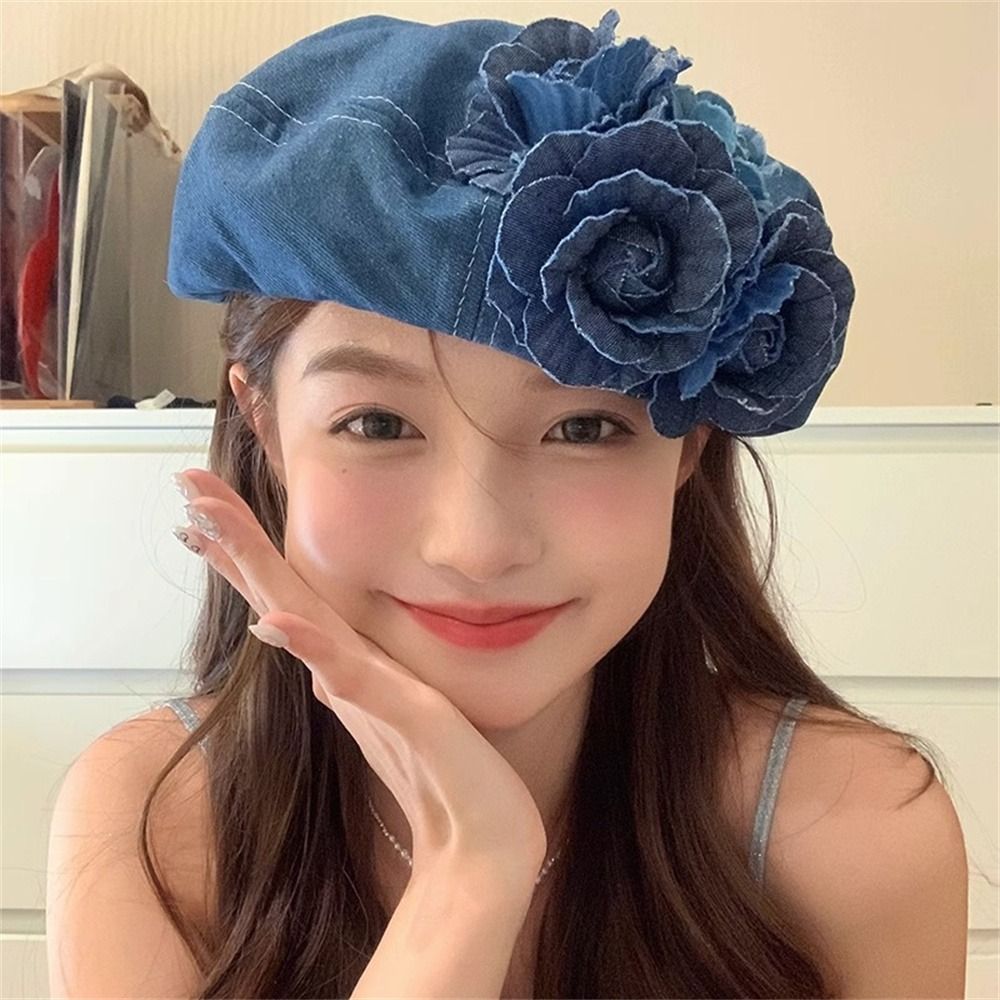 Camellia Bloom Denim Beret Hat for Women with Fluffy Contrast Design