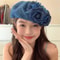 Camellia Bloom Denim Beret Hat for Women with Fluffy Contrast Design
