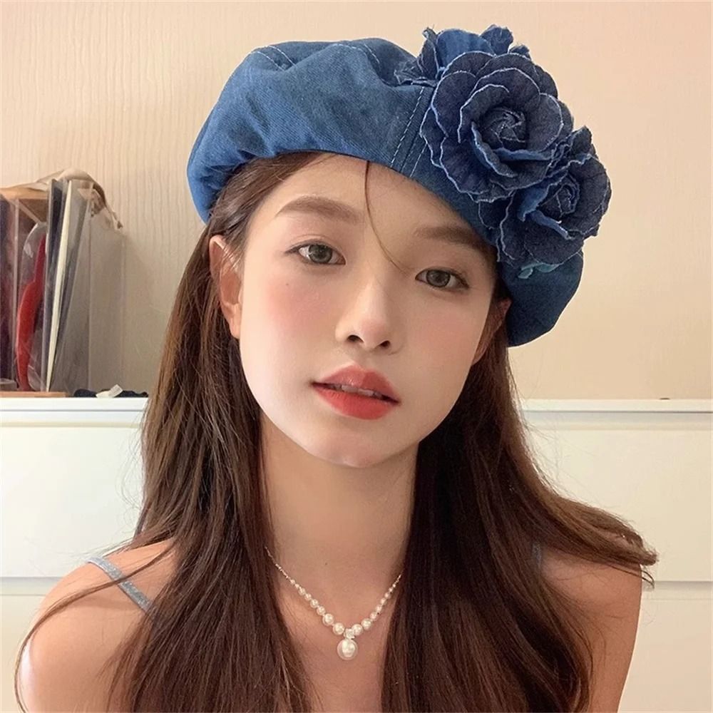 Camellia Bloom Denim Beret Hat for Women with Fluffy Contrast Design