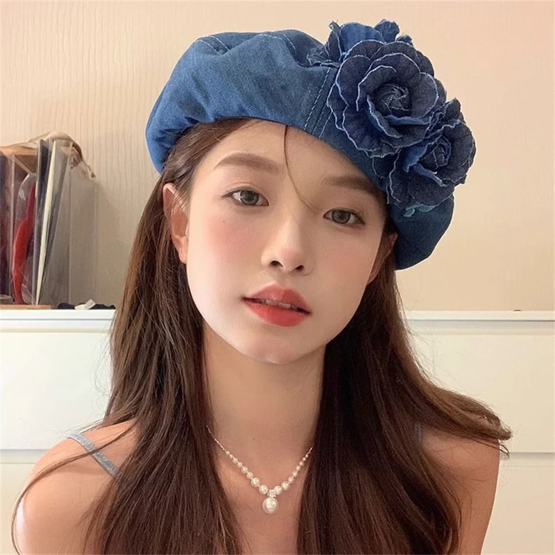Camellia Bloom Denim Beret Hat for Women with Fluffy Contrast Design