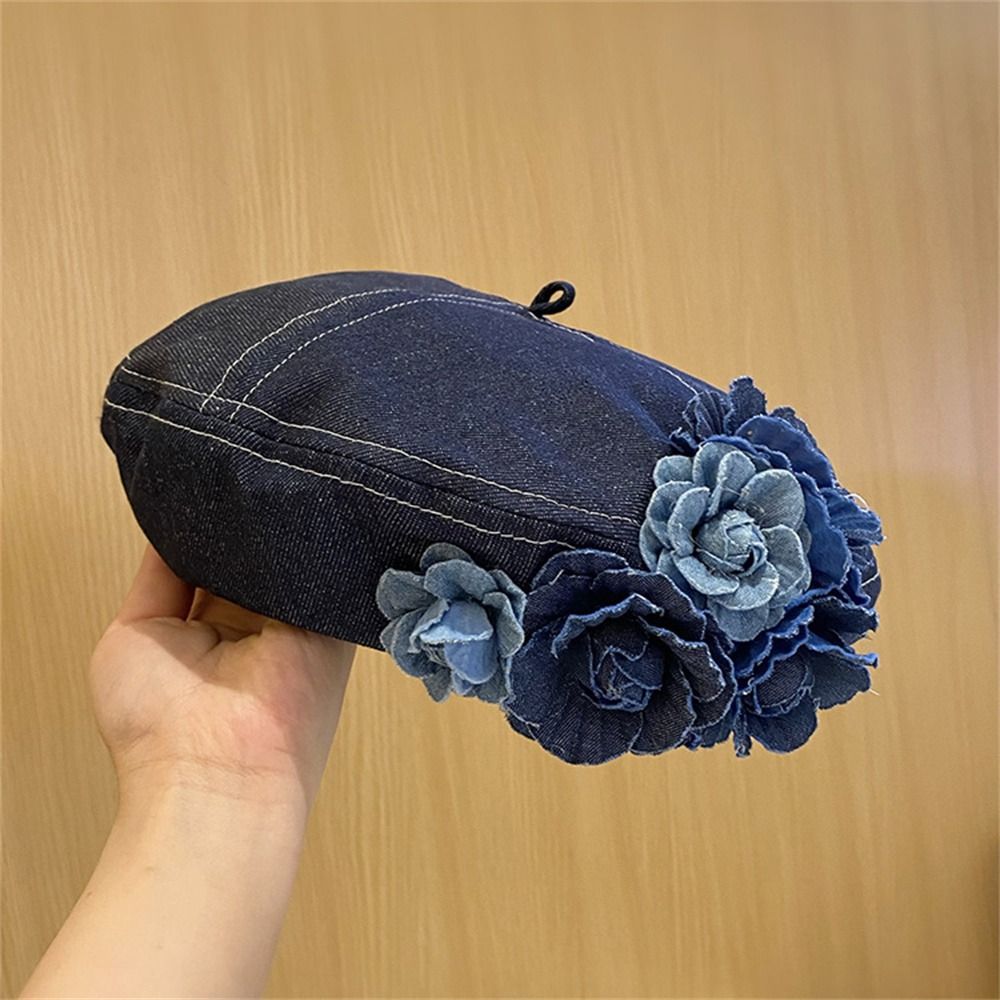 Camellia Bloom Denim Beret Hat for Women with Fluffy Contrast Design