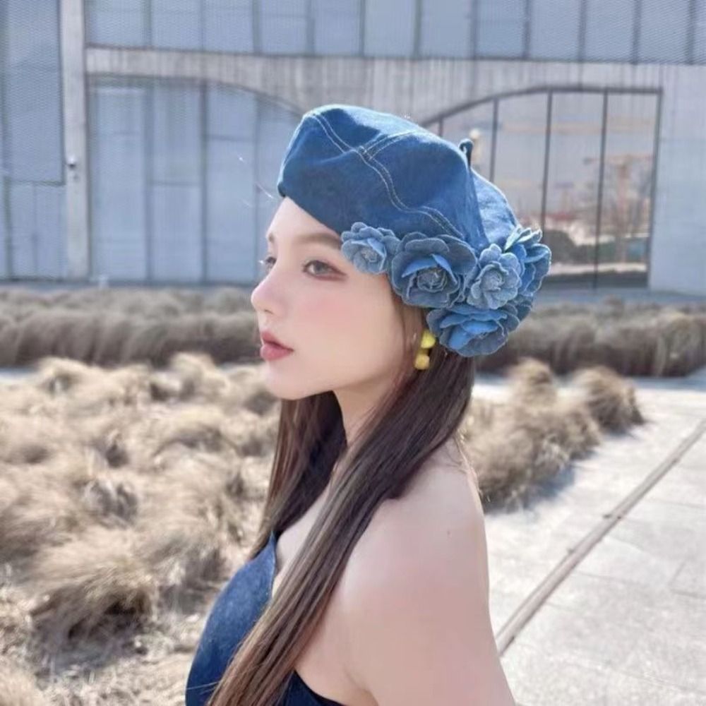 Camellia Bloom Denim Beret Hat for Women with Fluffy Contrast Design