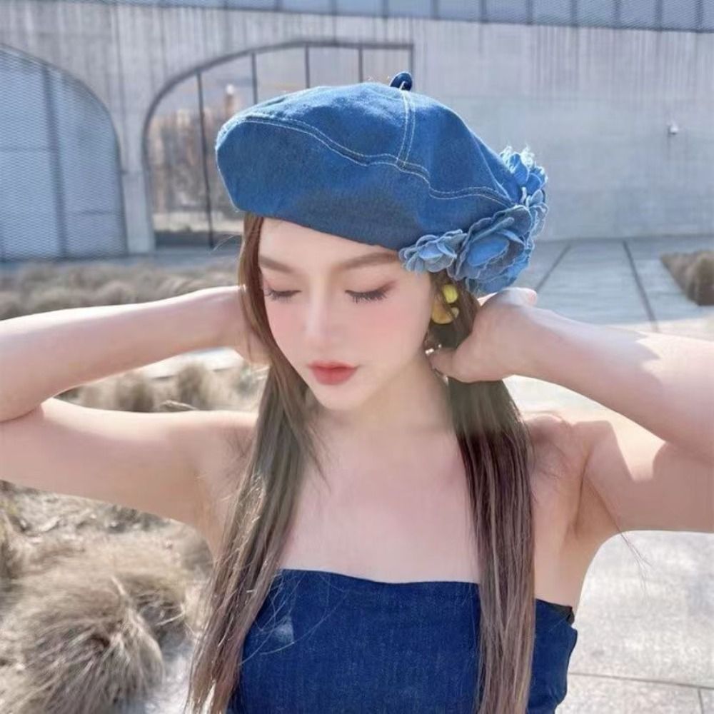 Camellia Bloom Denim Beret Hat for Women with Fluffy Contrast Design