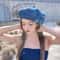 Camellia Bloom Denim Beret Hat for Women with Fluffy Contrast Design
