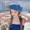 Camellia Bloom Denim Beret Hat for Women with Fluffy Contrast Design