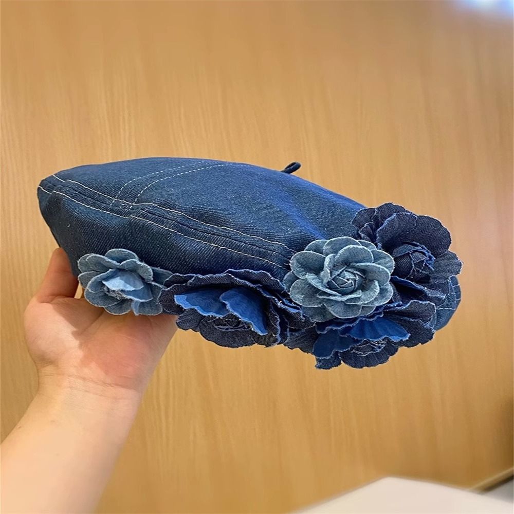 Camellia Bloom Denim Beret Hat for Women with Fluffy Contrast Design