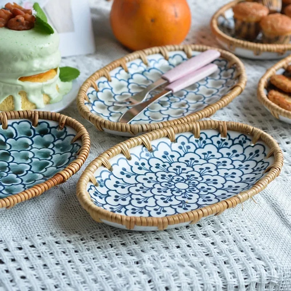 Japanese Rattan Woven Ceramic Snack Plate For Fruit Candy Dessert Serving 1