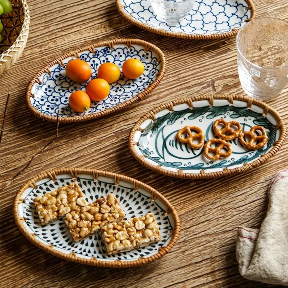 Japanese Rattan Woven Ceramic Snack Plate For Fruit Candy Dessert Serving 2