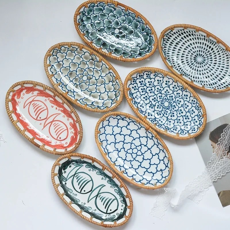 Japanese Rattan Woven Ceramic Snack Plate For Fruit Candy Dessert Serving 3
