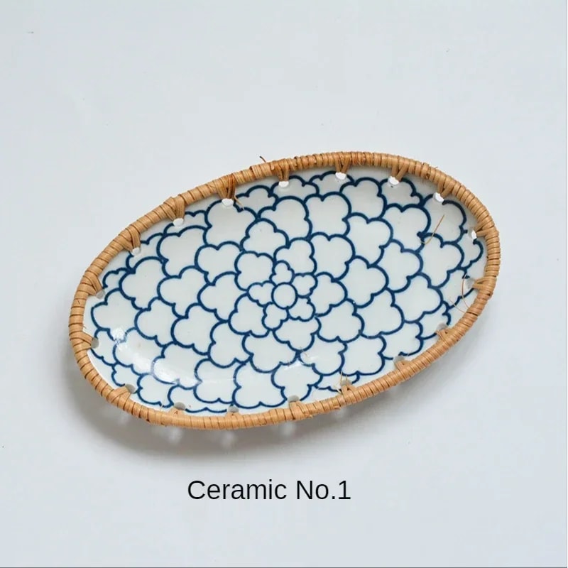 Japanese Rattan Woven Ceramic Snack Plate For Fruit Candy Dessert Serving 5
