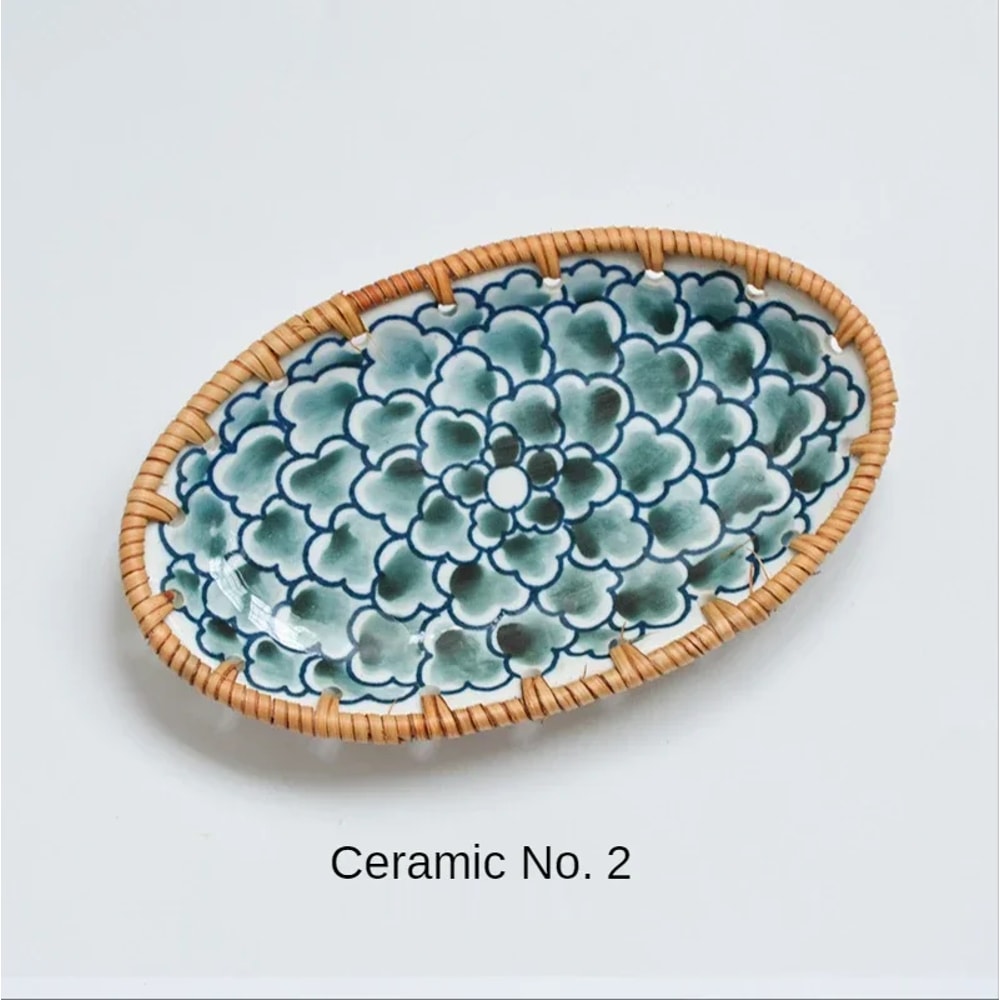Japanese Rattan Woven Ceramic Snack Plate For Fruit Candy Dessert Serving 6
