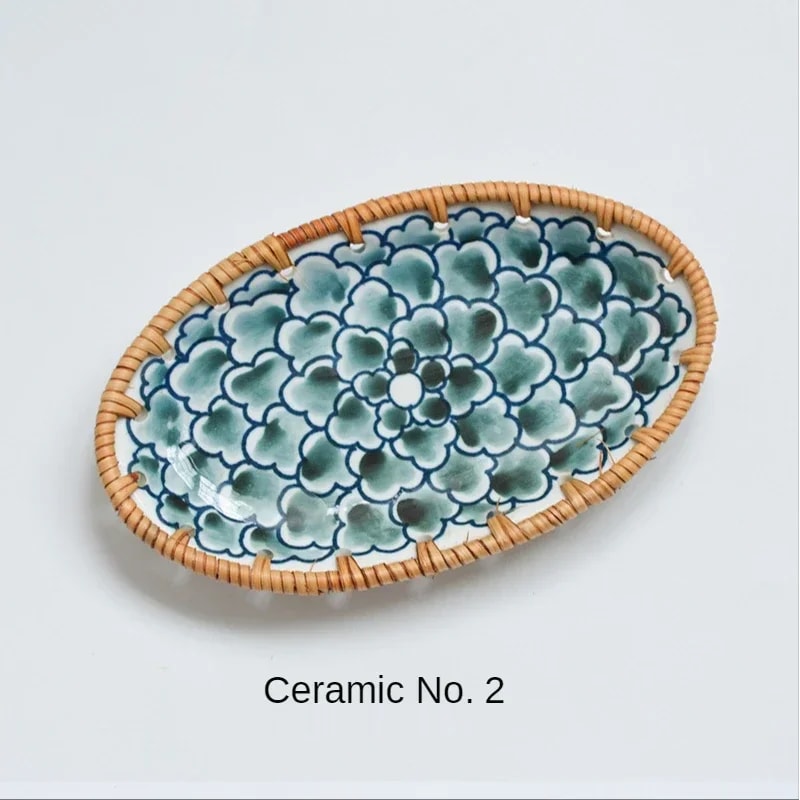 Japanese Rattan Woven Ceramic Snack Plate For Fruit Candy Dessert Serving 6