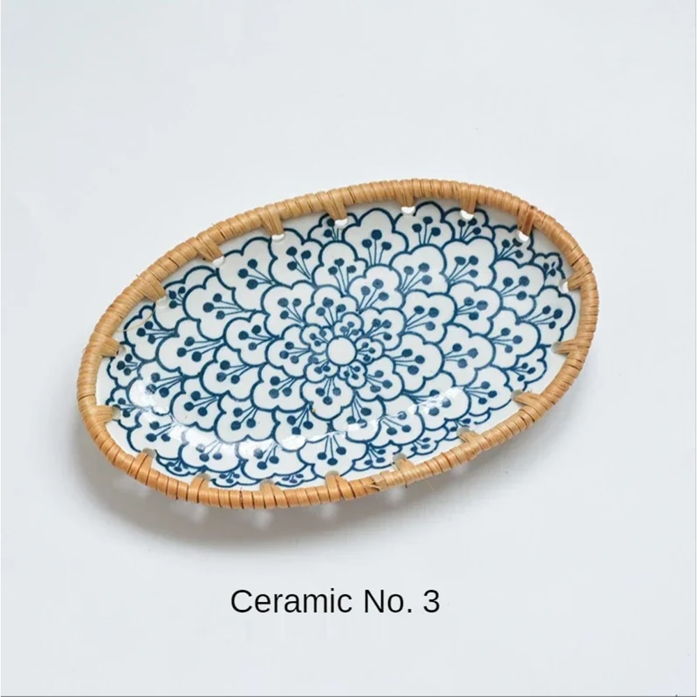 Japanese Rattan Woven Ceramic Snack Plate For Fruit Candy Dessert Serving 7