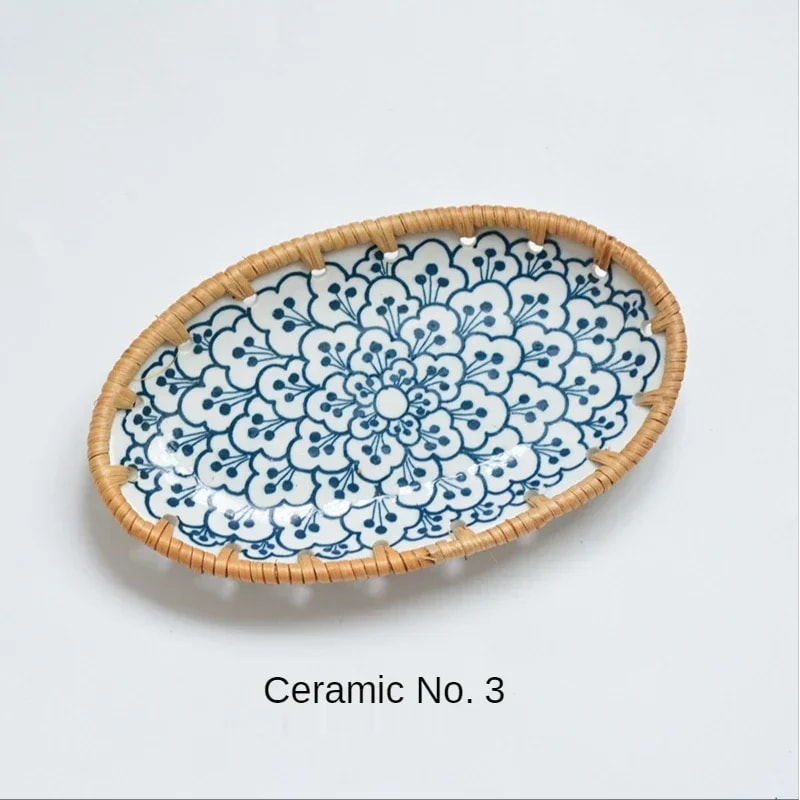 Japanese Rattan Woven Ceramic Snack Plate For Fruit Candy Dessert Serving 7