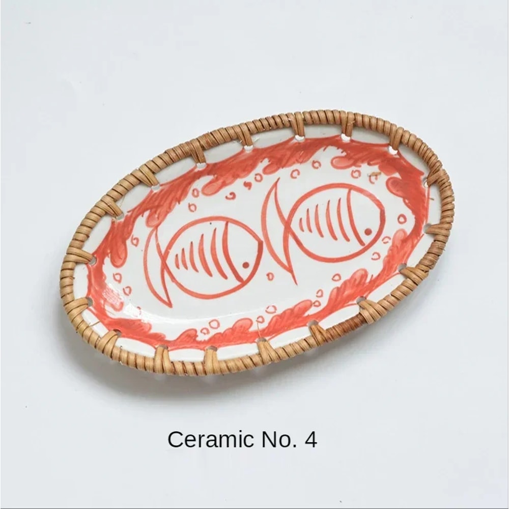 Japanese Rattan Woven Ceramic Snack Plate For Fruit Candy Dessert Serving 8