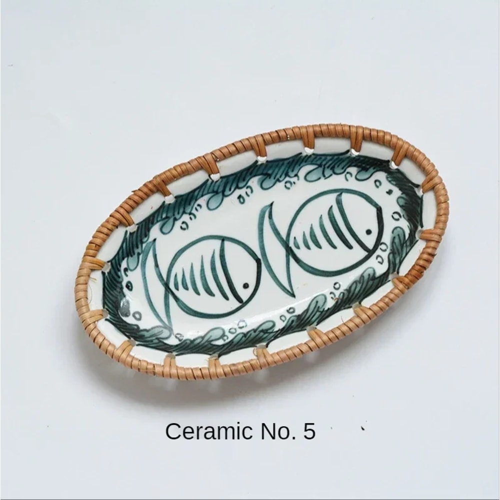 Japanese Rattan Woven Ceramic Snack Plate For Fruit Candy Dessert Serving 9