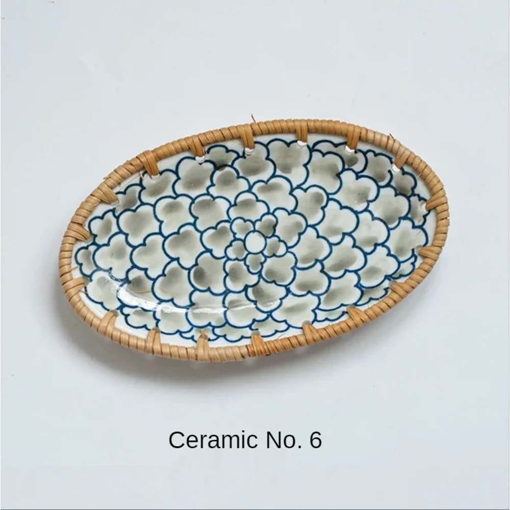 Japanese Rattan Woven Ceramic Snack Plate For Fruit Candy Dessert Serving 10