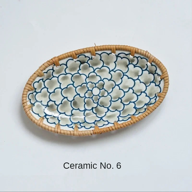 Japanese Rattan Woven Ceramic Snack Plate For Fruit Candy Dessert Serving 10