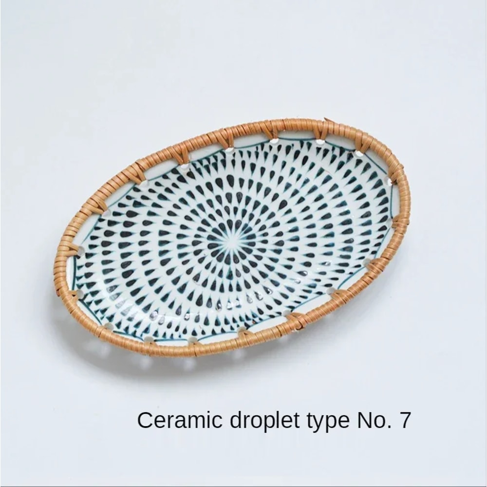 Japanese Rattan Woven Ceramic Snack Plate For Fruit Candy Dessert Serving 11