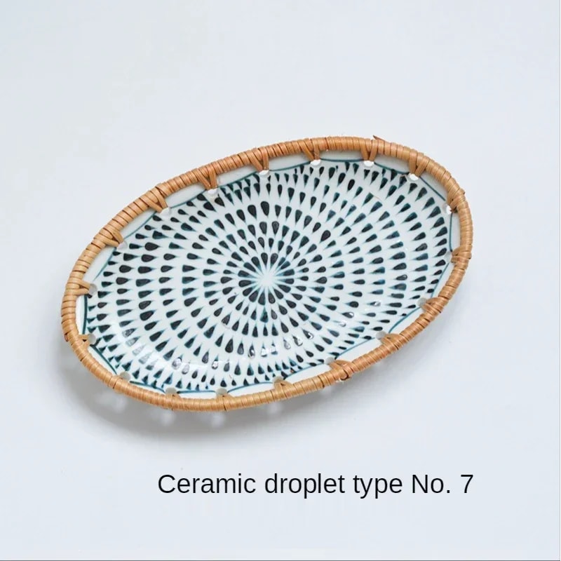 Japanese Rattan Woven Ceramic Snack Plate For Fruit Candy Dessert Serving 11