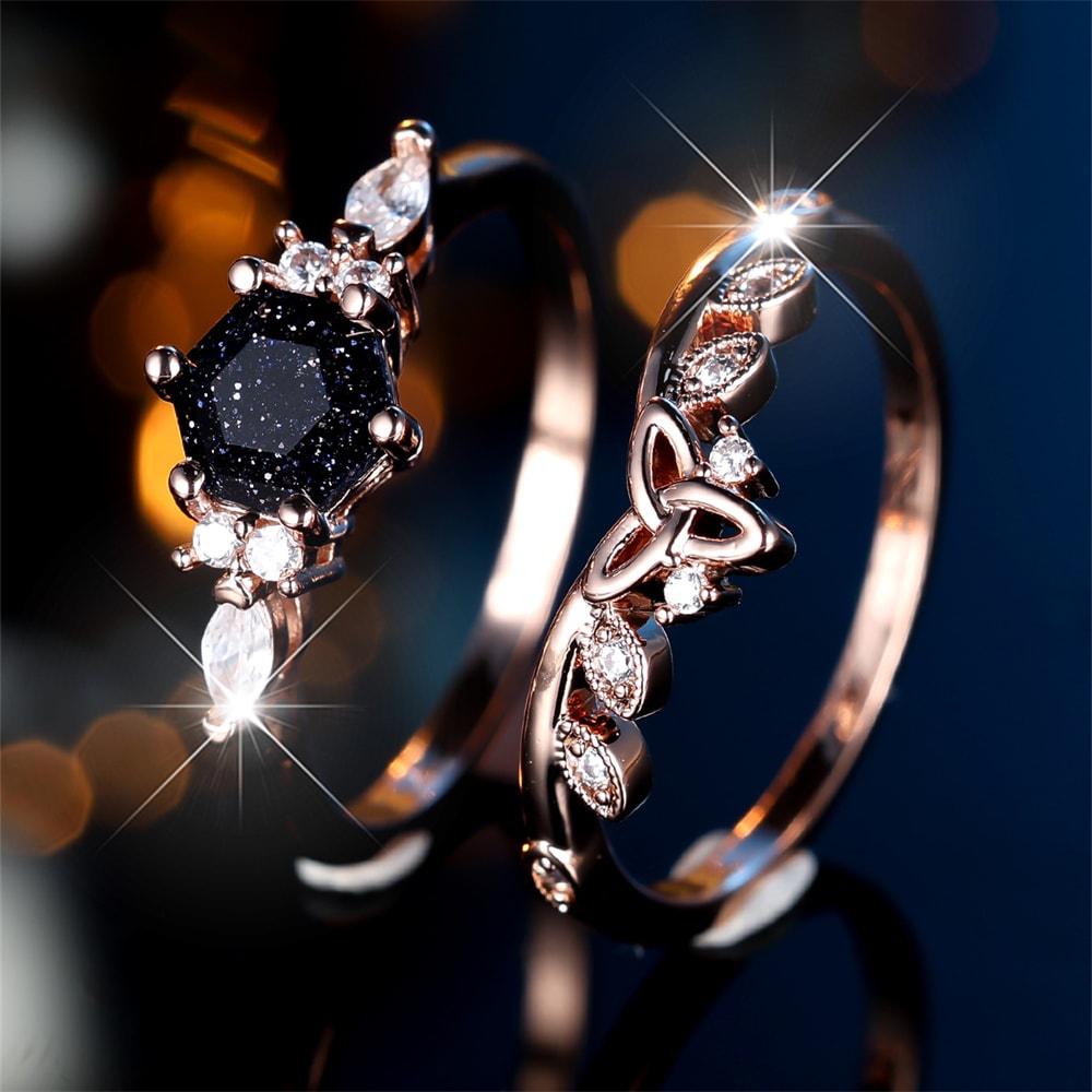 Rose Gold Hexagon Zircon Promise Ring Set for Women