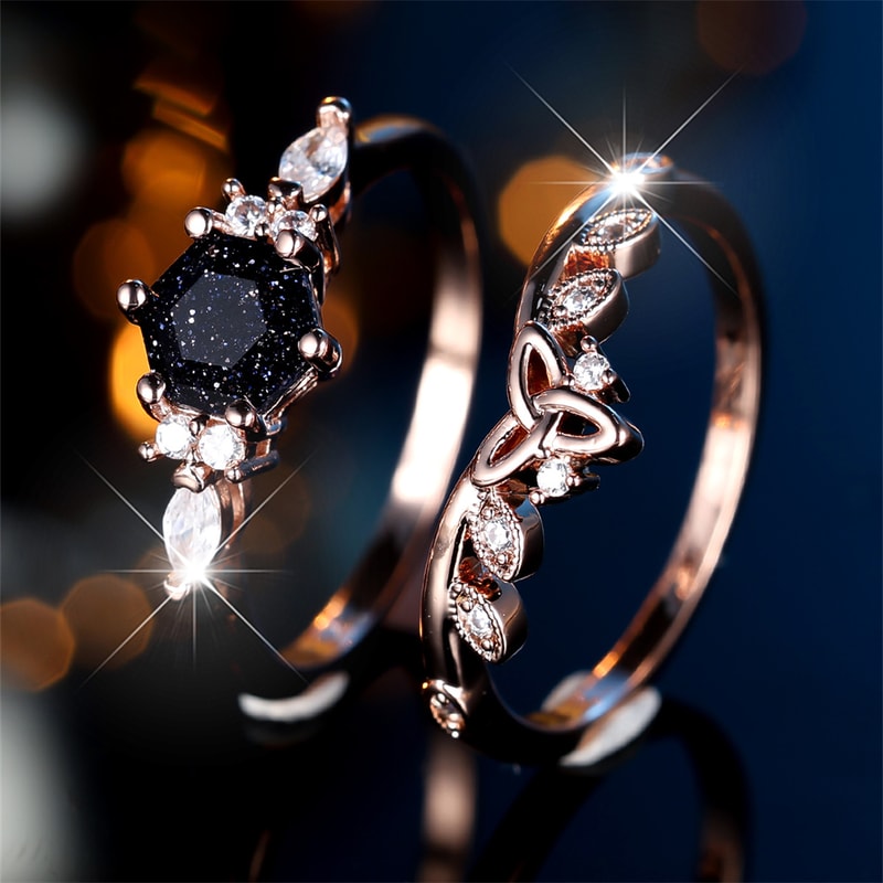 Rose Gold Hexagon Zircon Promise Ring Set for Women