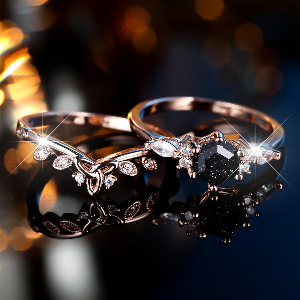 Rose Gold Hexagon Zircon Promise Ring Set for Women
