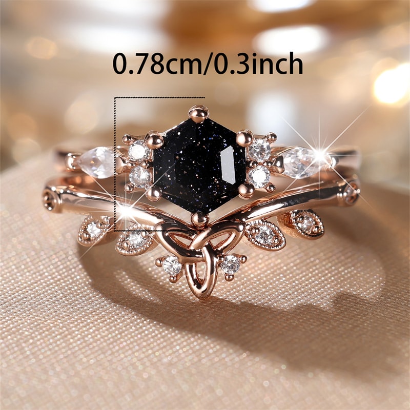 Rose Gold Hexagon Zircon Promise Ring Set for Women