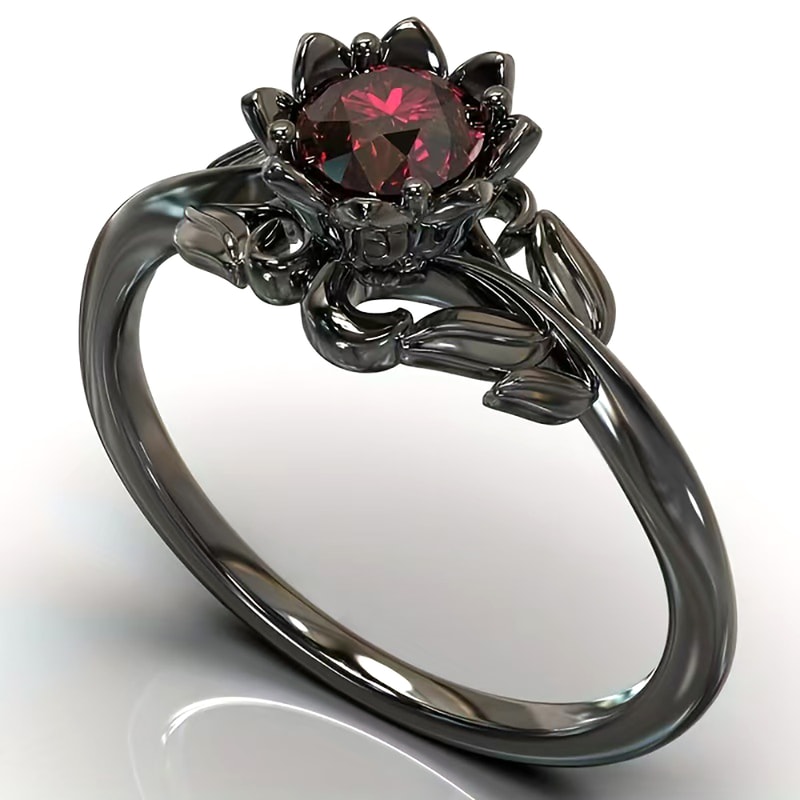 Midnight Bloom Red Crystal Ring with Cubic Zirconia Floral Design