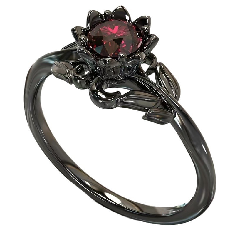 Midnight Bloom Red Crystal Ring with Cubic Zirconia Floral Design