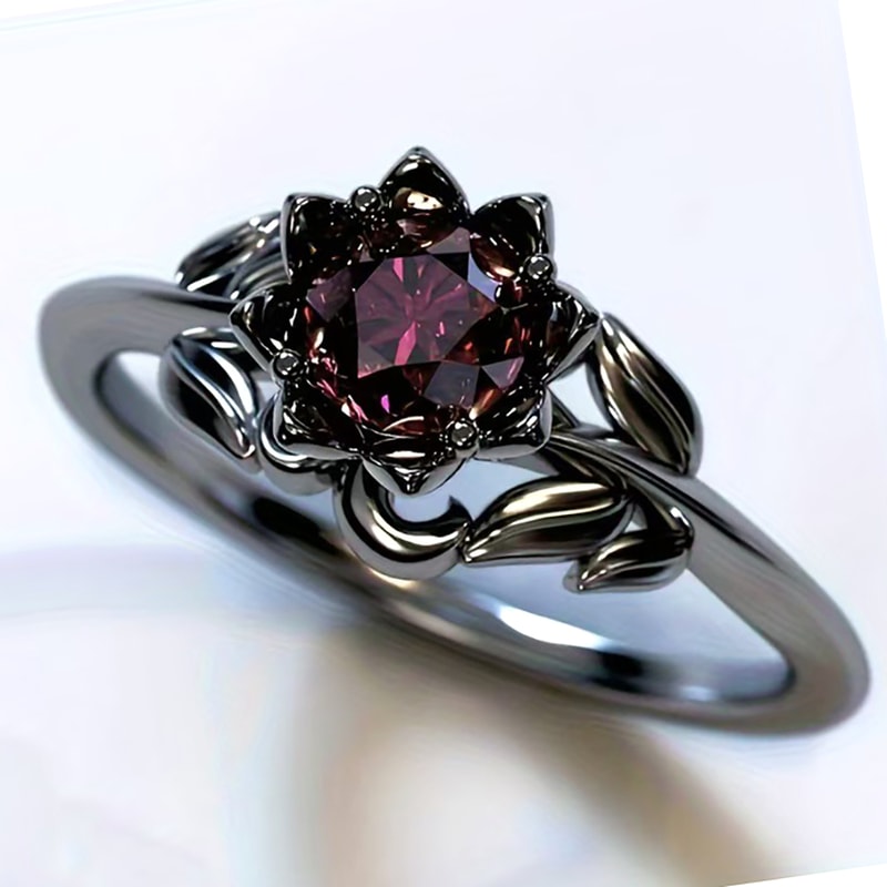 Midnight Bloom Red Crystal Ring with Cubic Zirconia Floral Design