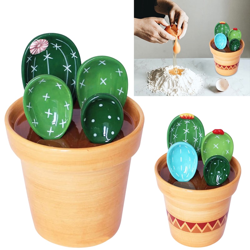 Cactus Ceramic Measuring Spoon Set With Holder For Kitchen Decor And Baking 0