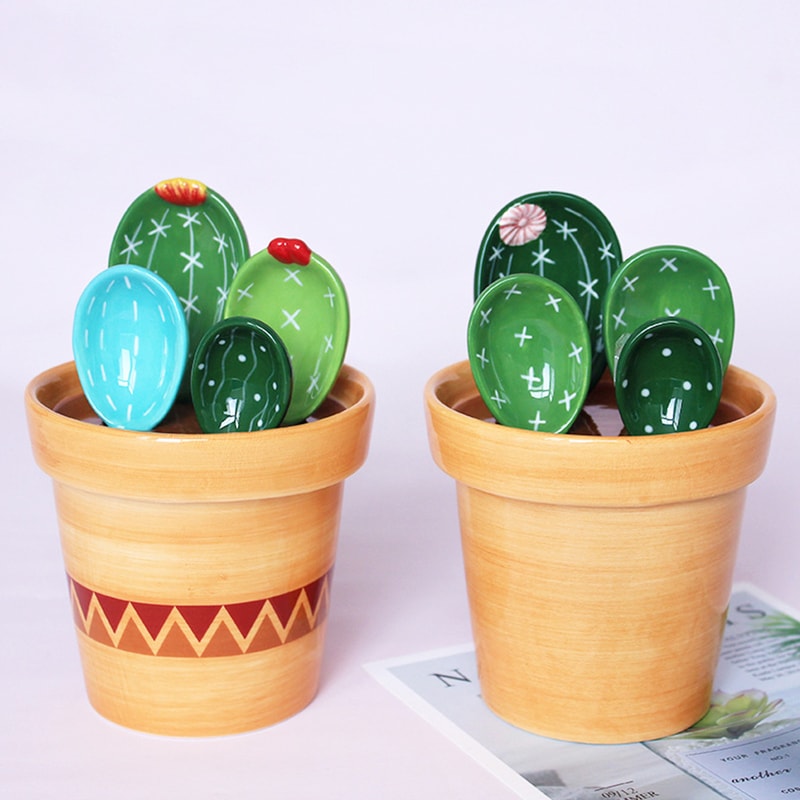 Cactus Ceramic Measuring Spoon Set With Holder For Kitchen Decor And Baking 1