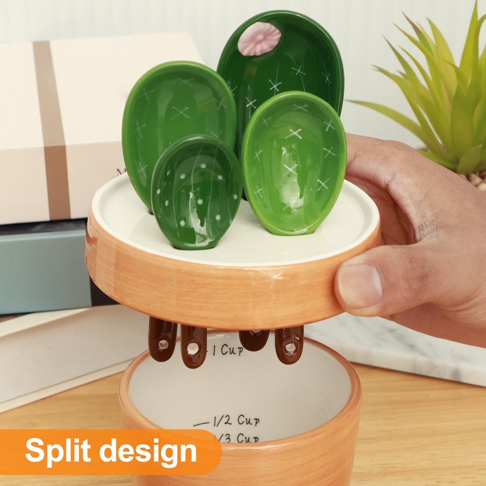 Cactus Ceramic Measuring Spoon Set With Holder For Kitchen Decor And Baking 2