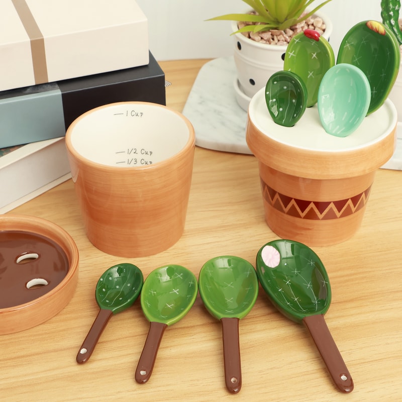 Cactus Ceramic Measuring Spoon Set With Holder For Kitchen Decor And Baking 3