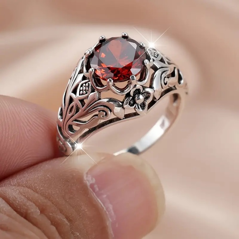 Vintage Red Zircon Gothic Ring for Men & Women Retro Punk Statement Jewelry