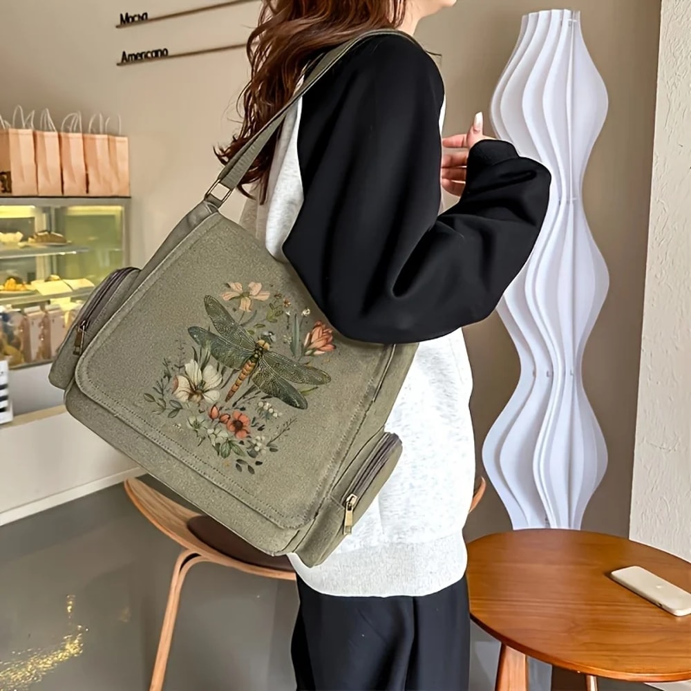 Dragonfly Canvas Crossbody Bag For Women Large Capacity Boho Shoulder Messenger Purse 1