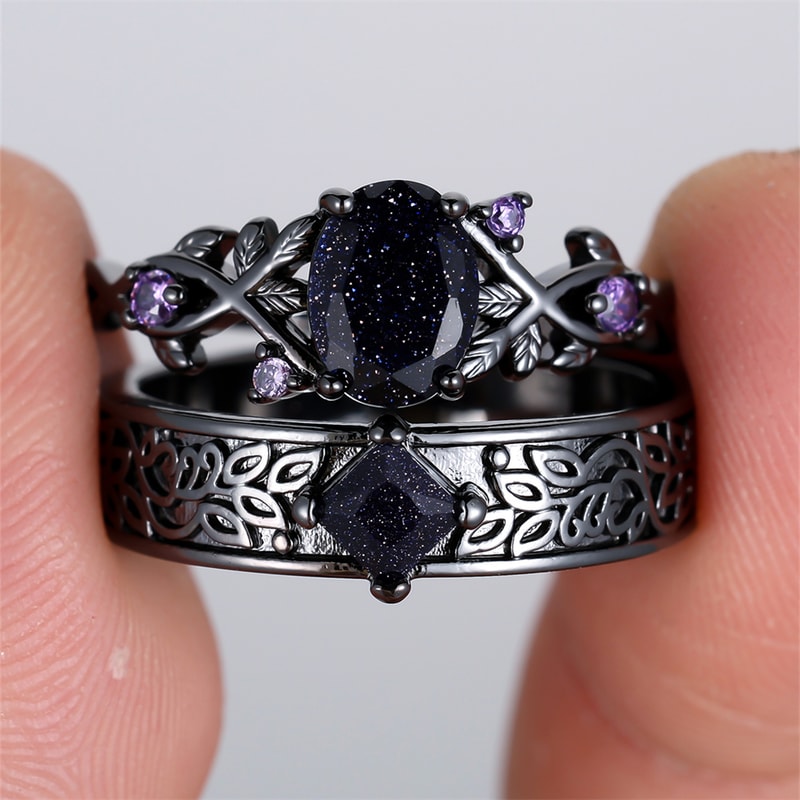 Midnight Royale Oval Crystal Ring Set with Blue Zircon and Black Metal Bands