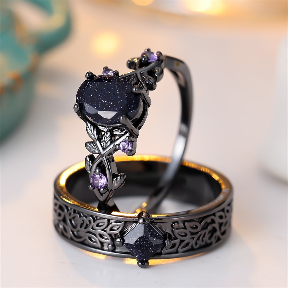 Midnight Royale Oval Crystal Ring Set with Blue Zircon and Black Metal Bands