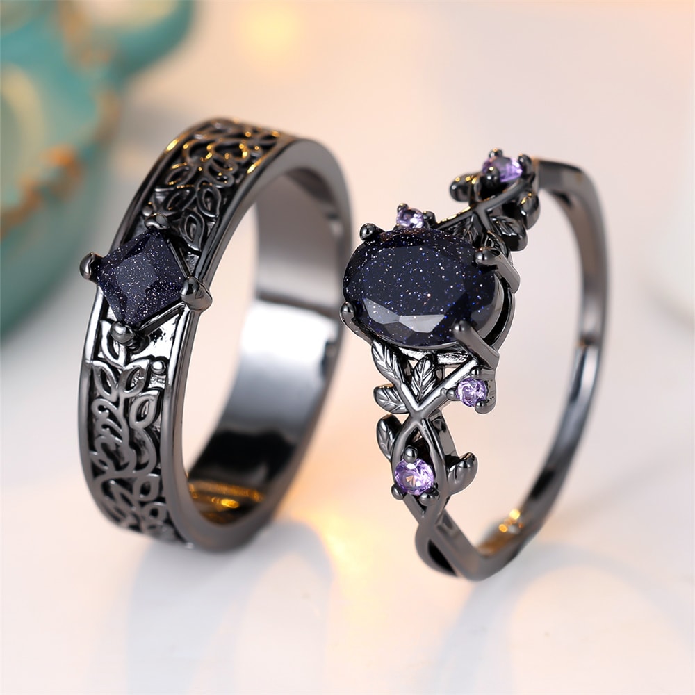 Midnight Royale Oval Crystal Ring Set with Blue Zircon and Black Metal Bands