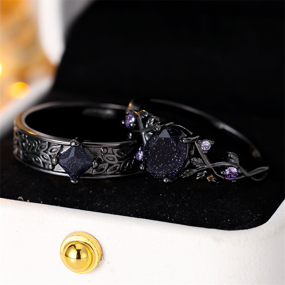 Midnight Royale Oval Crystal Ring Set with Blue Zircon and Black Metal Bands
