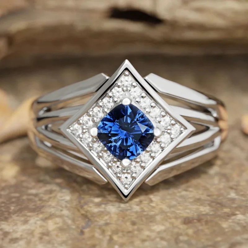 Blue Zircon Geometric Cocktail Ring For Women Elegant Banquet Jewelry 1