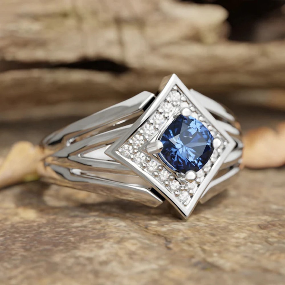 Blue Zircon Geometric Cocktail Ring For Women Elegant Banquet Jewelry 2
