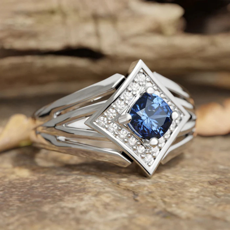 Blue Zircon Geometric Cocktail Ring For Women Elegant Banquet Jewelry 2