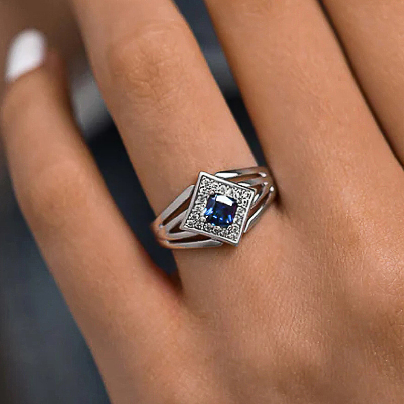 Blue Zircon Geometric Cocktail Ring For Women Elegant Banquet Jewelry 5