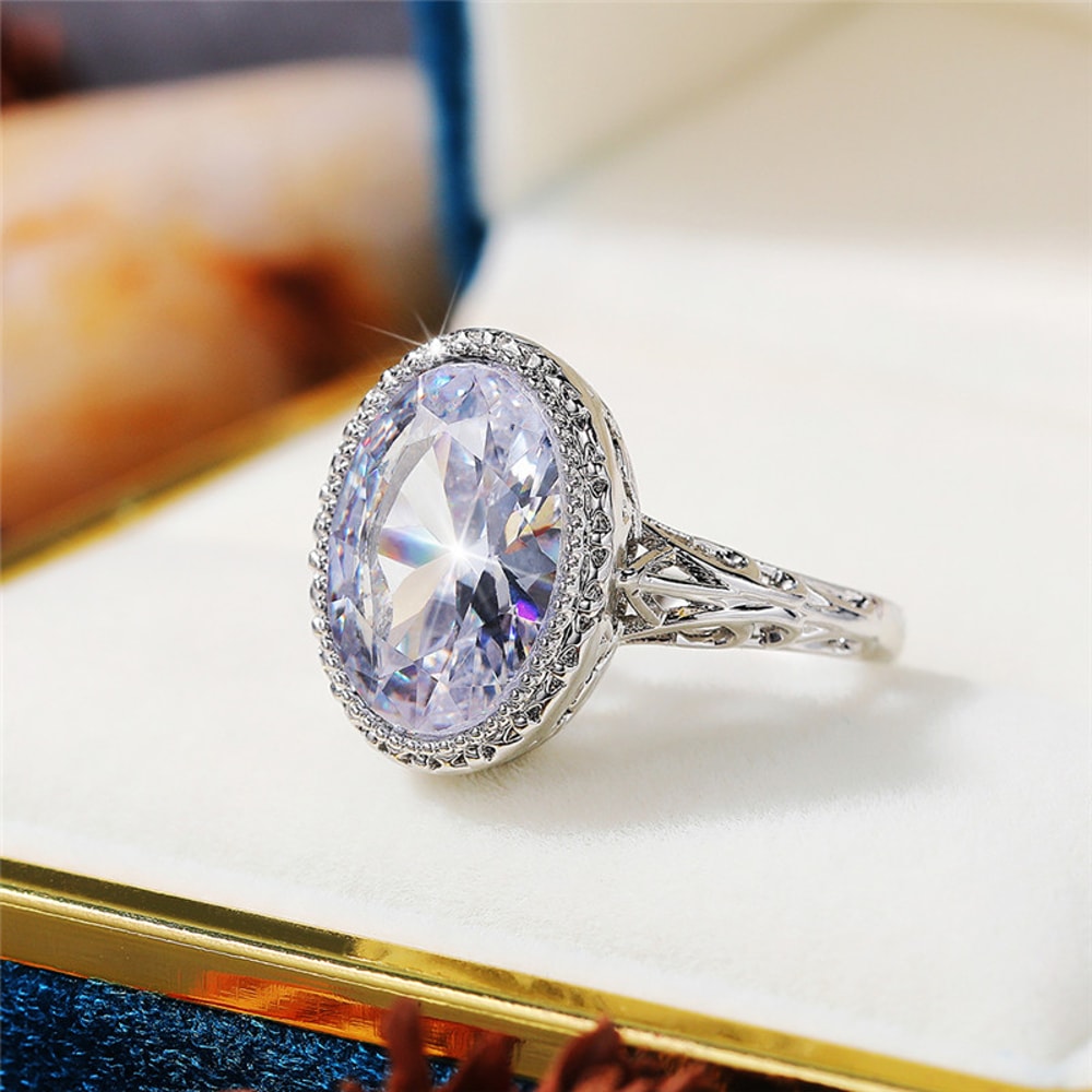 Vintage Hollow Out Cocktail Ring for Women with Cubic Zirconia Elegant Party Jewelry