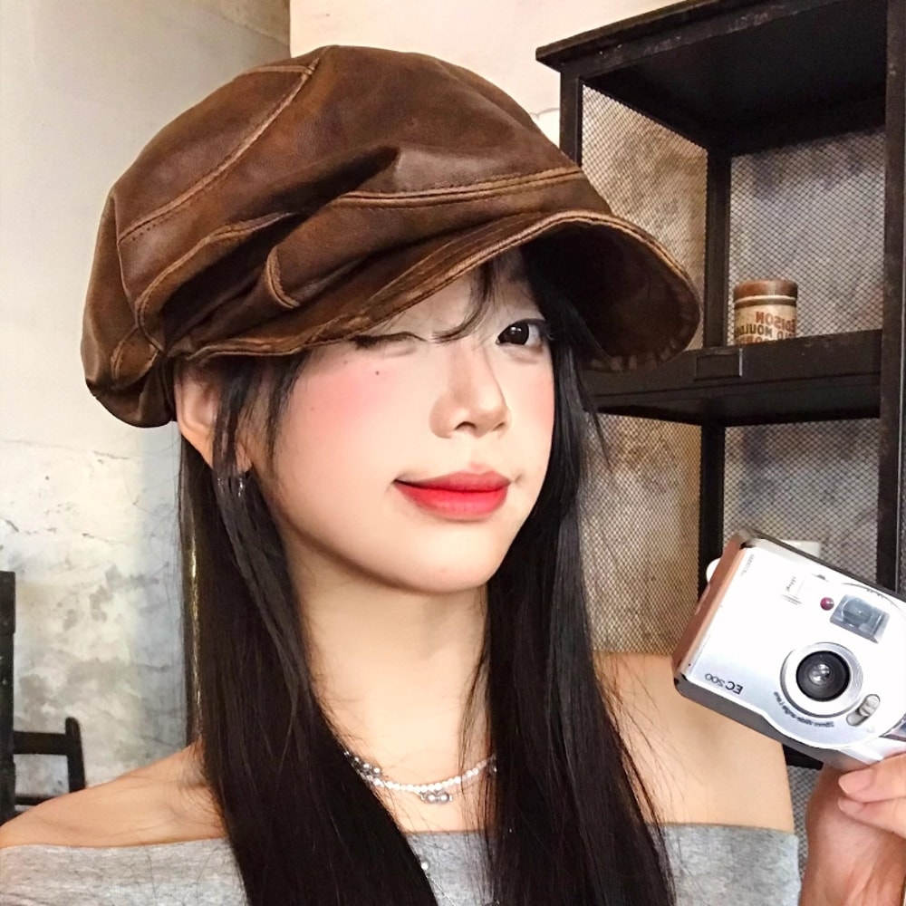 Vintage PU Leather Beret For Women Retro British Newsboy Baker Boy Cap 1