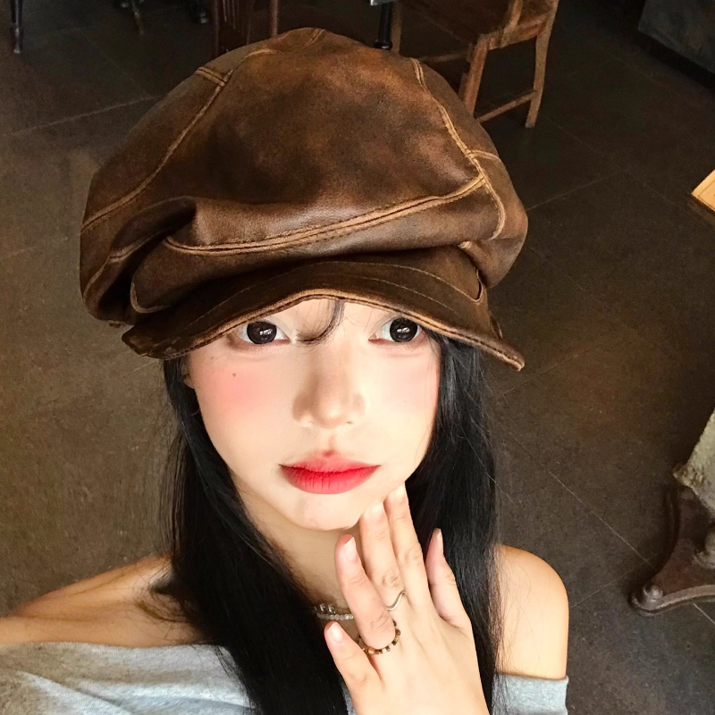Vintage PU Leather Beret For Women Retro British Newsboy Baker Boy Cap 4